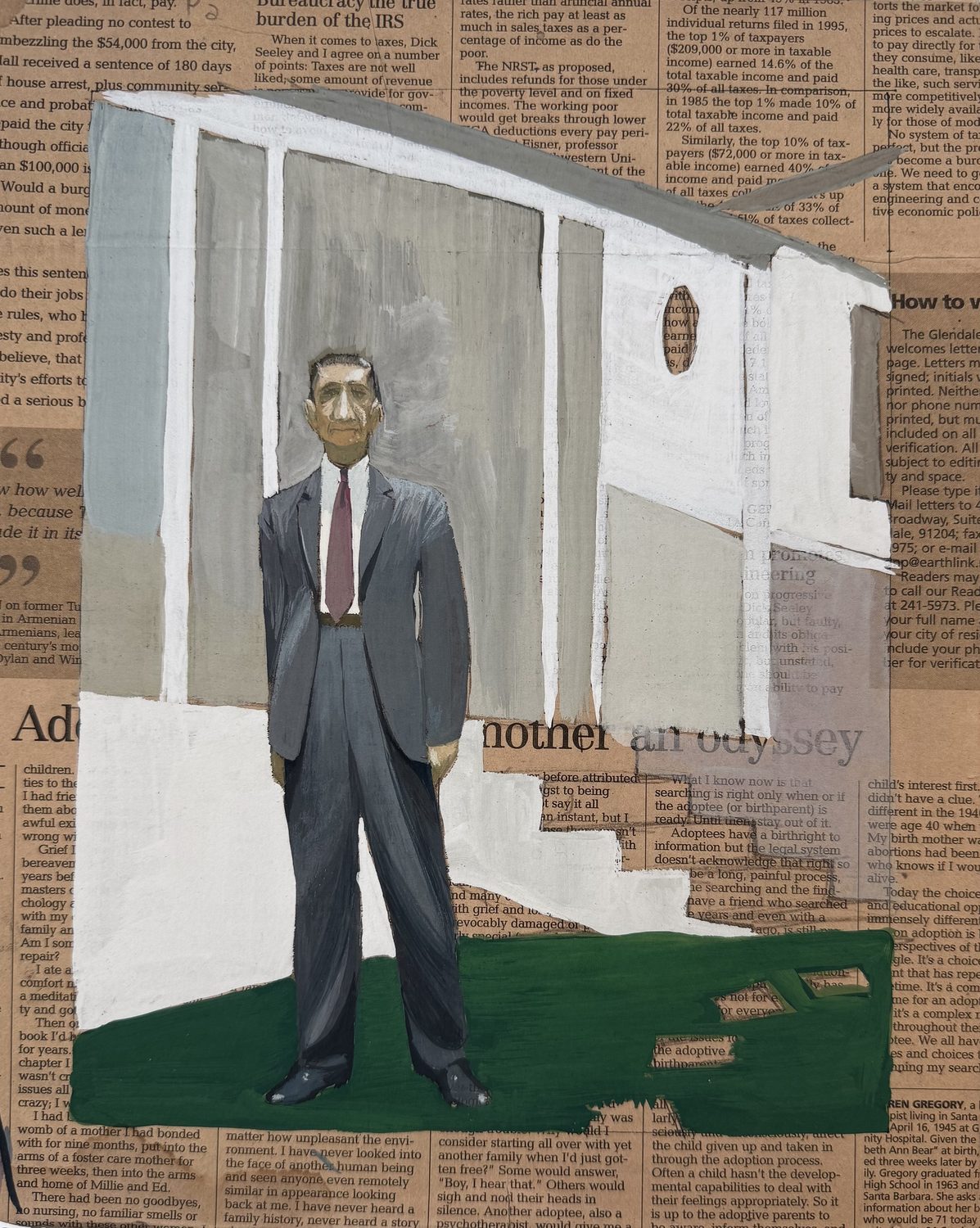 A man in a grey suit standing in front of a modern house, painted over collaged vintage newsprint clippings.