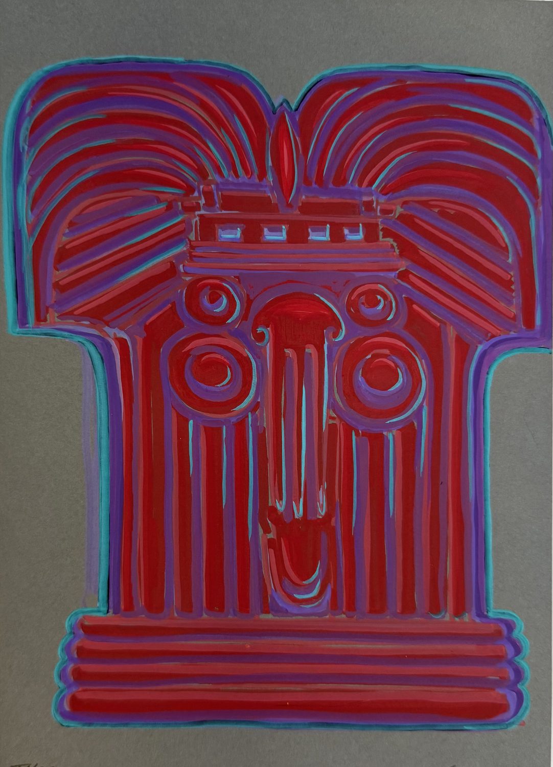 An abstracted ceremonial mask or totem face in bold flat red, violet, and teal.