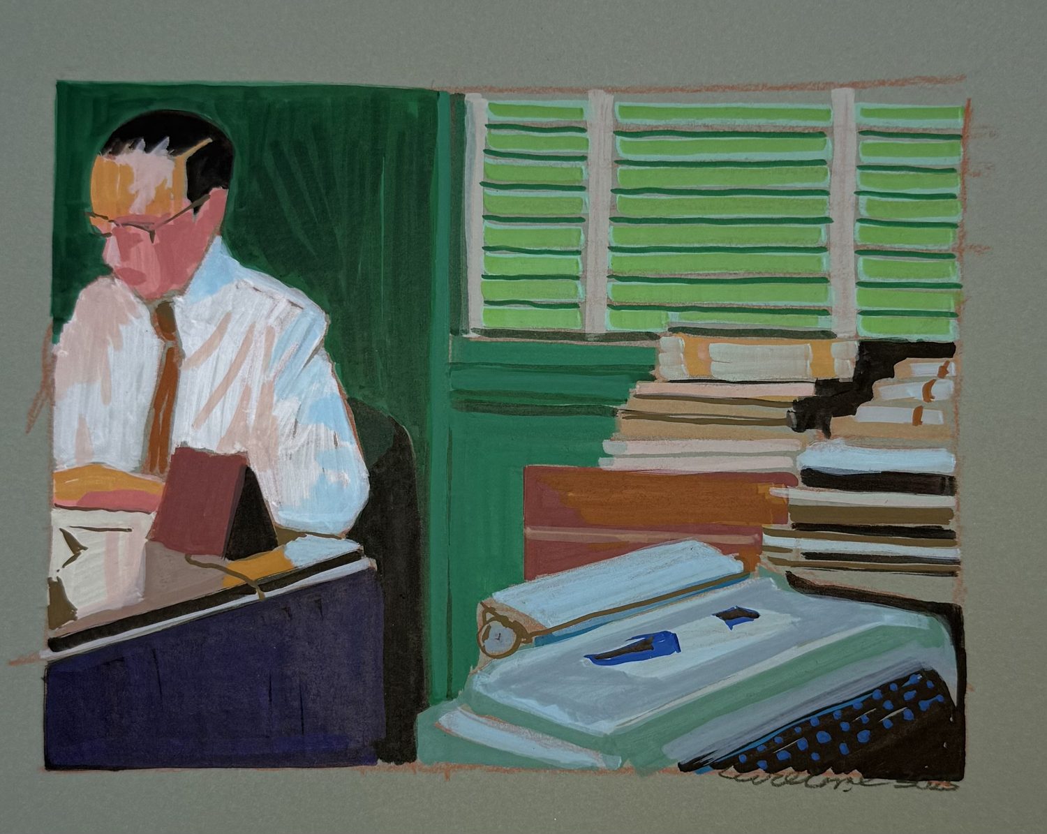 A man seated at a desk beside a typewriter and stacked papers, in a green office interior.