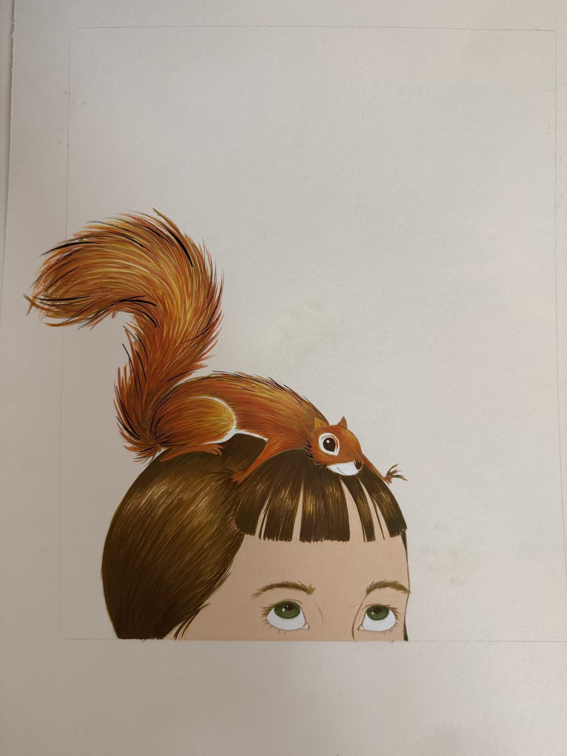 A close portrait of a girl with a squirrel perched on her head, from an illustrated children's story.