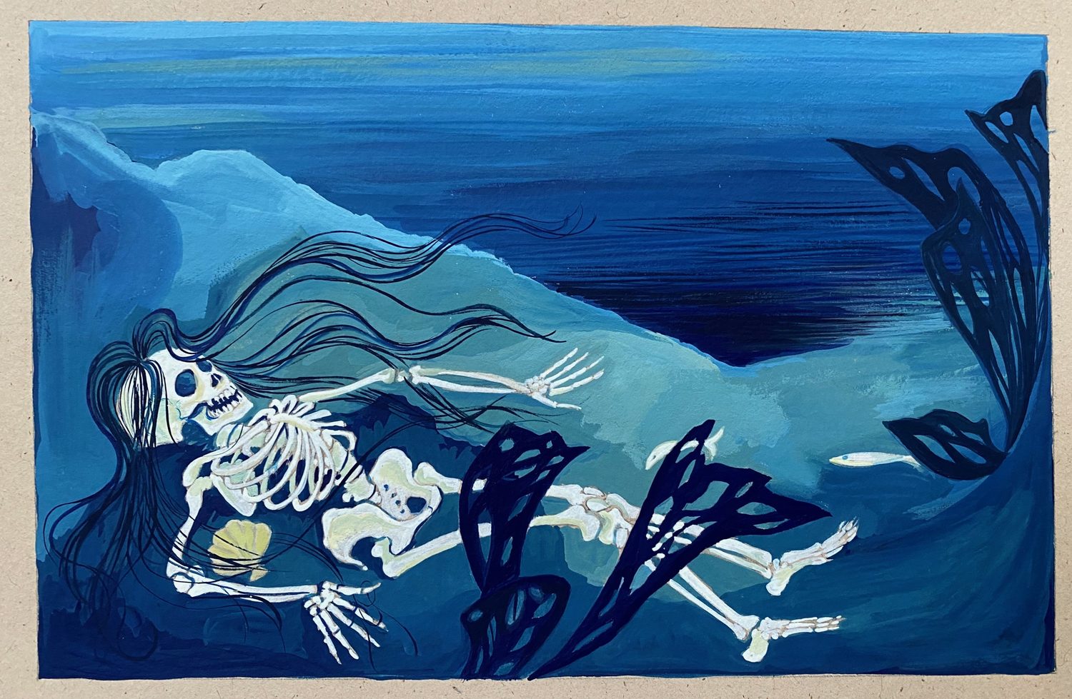 Skeletal figures drifting among seaweed underwater, from a narrative illustration sequence.